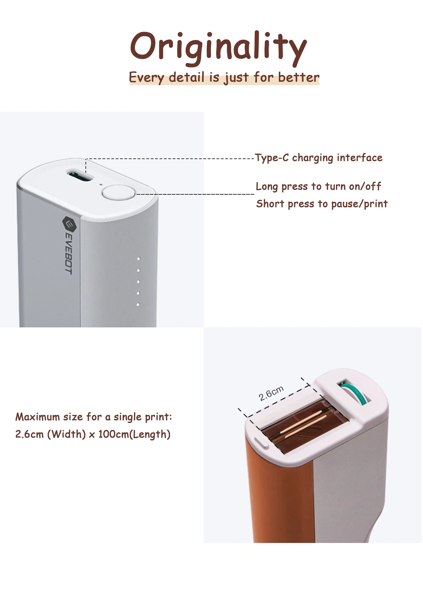 EVEBOT PrintPen – Tragbarer Handdrucker mit hautfreundlicher Tinte, 26 mm Druckbreite, WLAN & USB-C