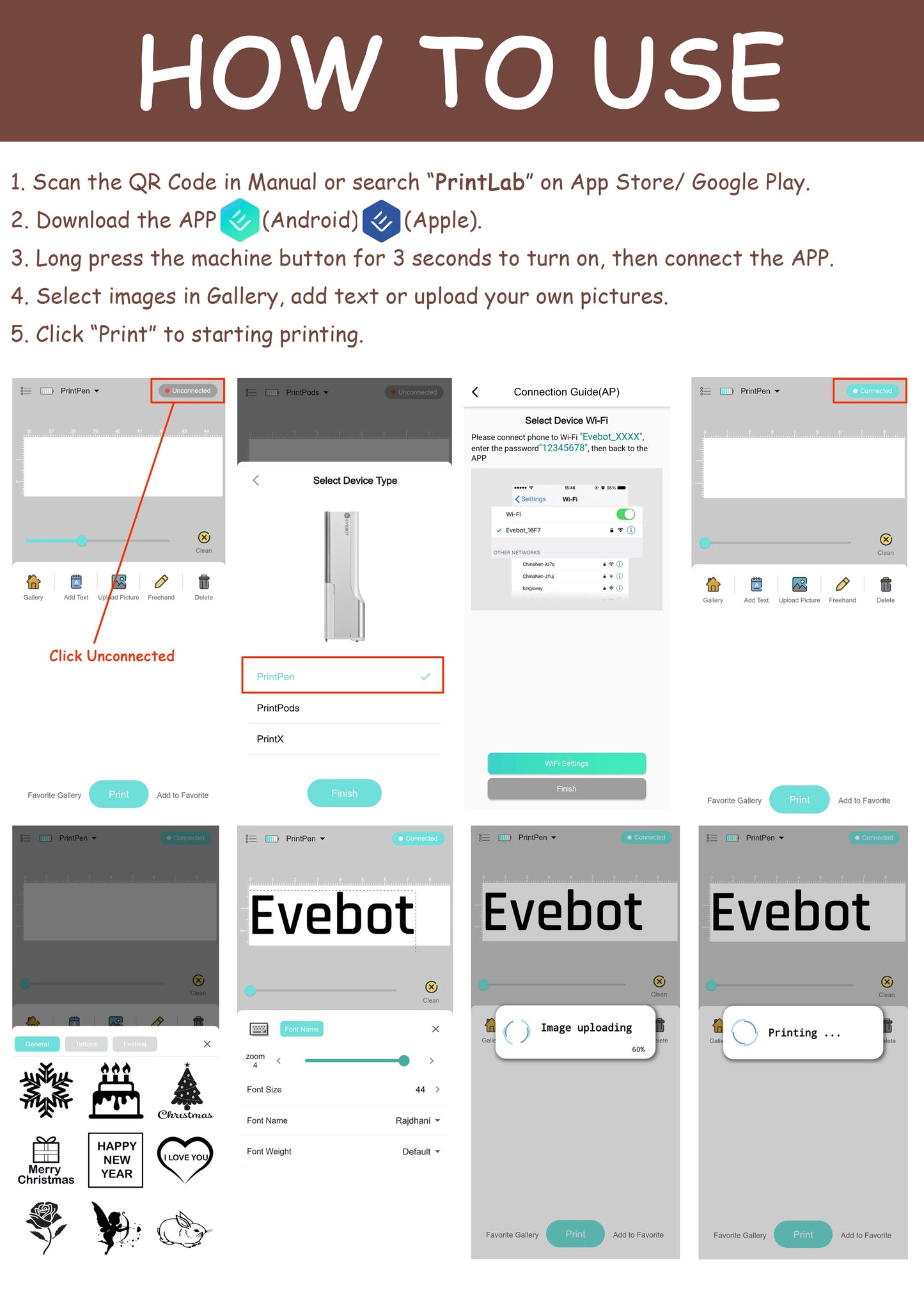 EVEBOT PrintPen – Tragbarer Handdrucker mit hautfreundlicher Tinte, 26 mm Druckbreite, WLAN & USB-C