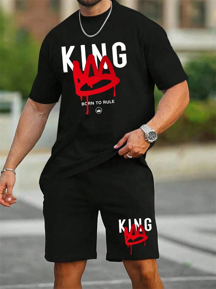 Herren Sommer-Set – King Print T-Shirt & Shorts, 2-teilig, atmungsaktiv