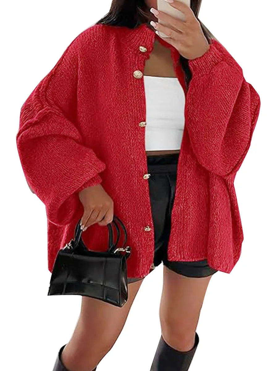 Damen Oversize Strickjacke im Lazy Style – Warmer, grob gestrickter Cardigan mit Knöpfen, locker geschnittener Winter-Pullover
