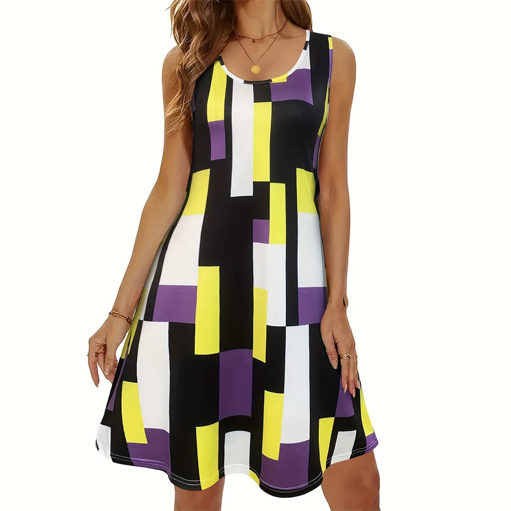 Vestido de verano para mujer con estampado de cuadros: sin mangas, largo hasta la rodilla, con bolsillos, elegante e informal.