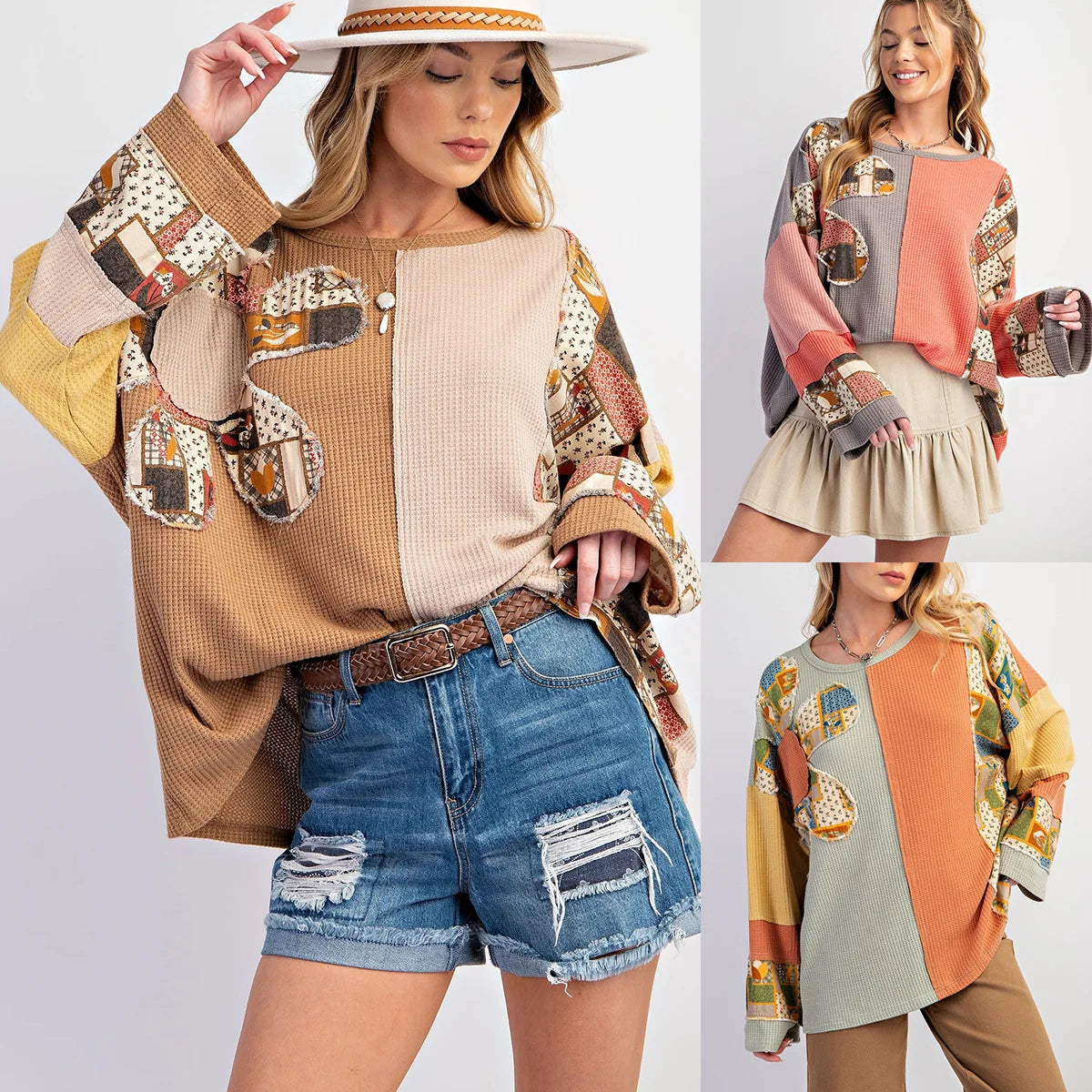 Sudadera con capucha para mujer con patchwork de punto gofre: ropa urbana holgada y moda de oficina 2025
