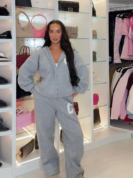 Damen Strickanzug 2-teilig Herbst/Winter – Kapuzen-Strickjacke mit Reißverschluss & Gerade Hose, Lässiges Knit Set