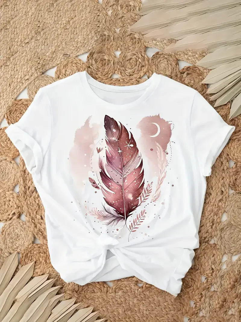 Camiseta de mujer con estampado de plumas, estrellas y lunas – Boho Chic