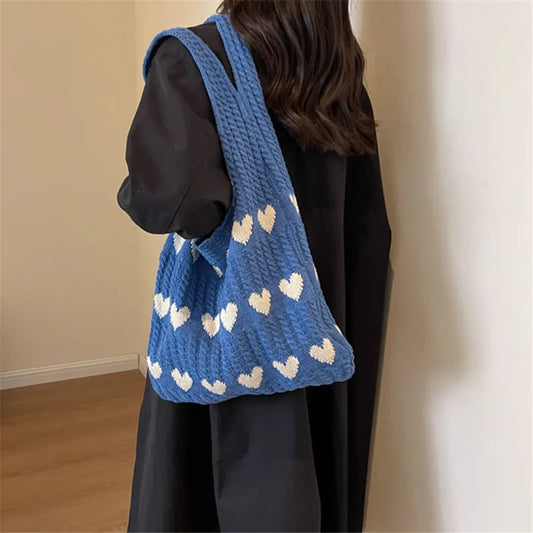 Handmade knitted bag heart shape women – shoulder bag summer tote bag wool polyester