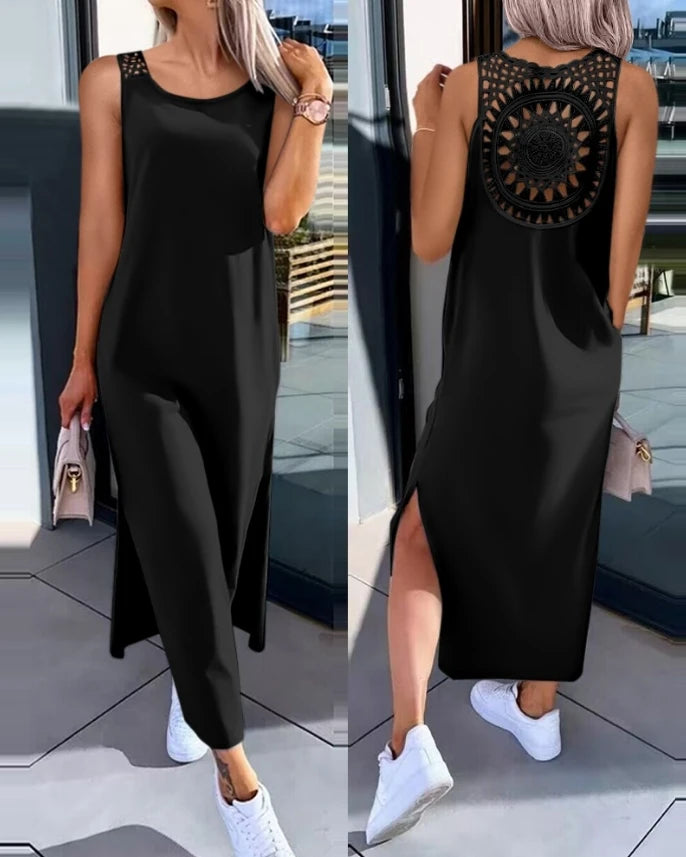 Vestido de verano 2025 – Vestido midi sin mangas con aberturas y detalles recortados, cuello redondo, informal.