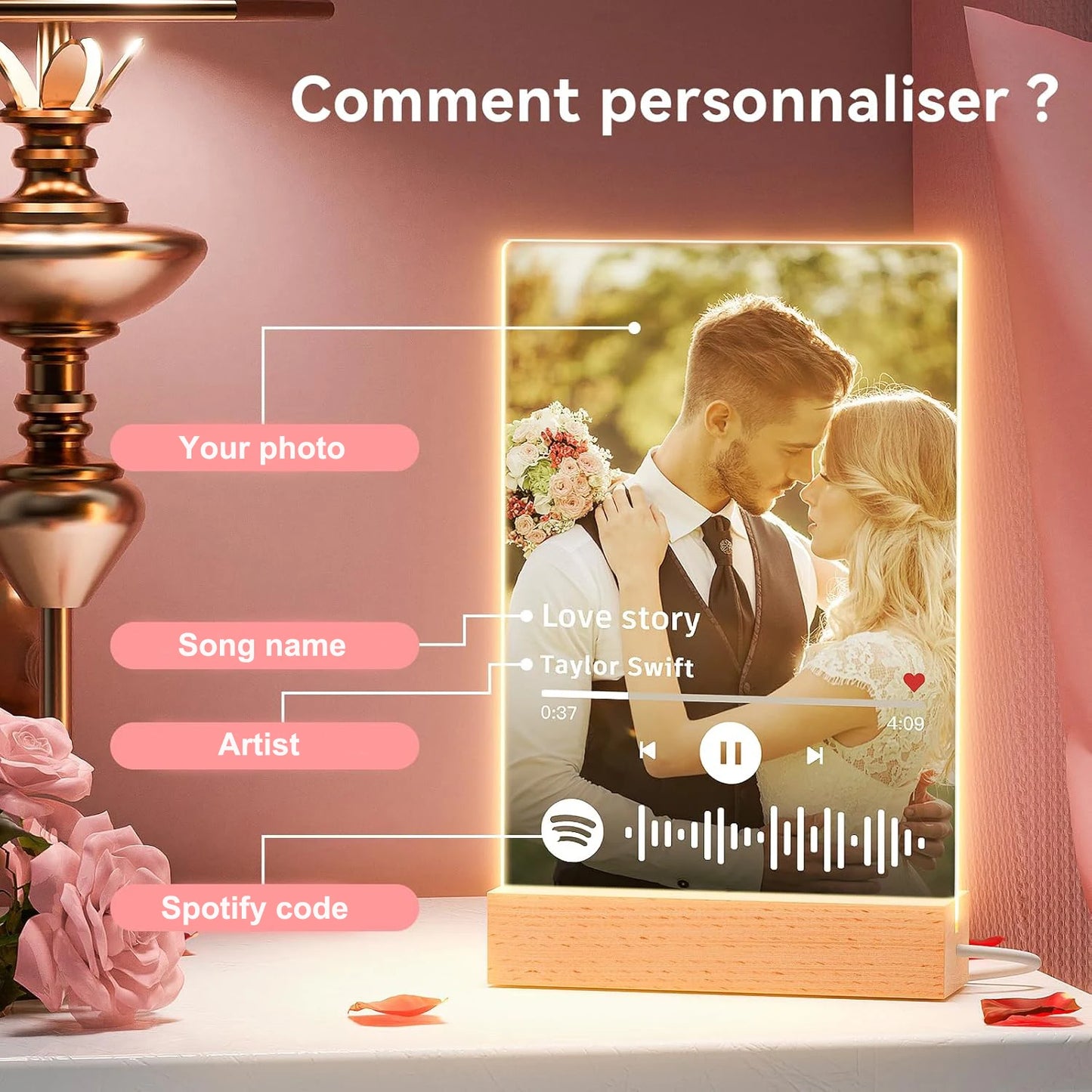 Placa musical acrílica personalizada con LED (foto y código de Spotify). Ideal para regalar en el Día de la Madre, en pareja y en aniversarios.