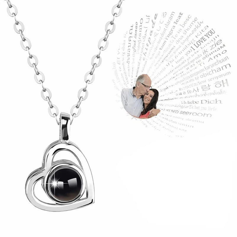 Personalized Photo Projection Necklace – Heart Pendant with “I Love You” in 100 Languages
