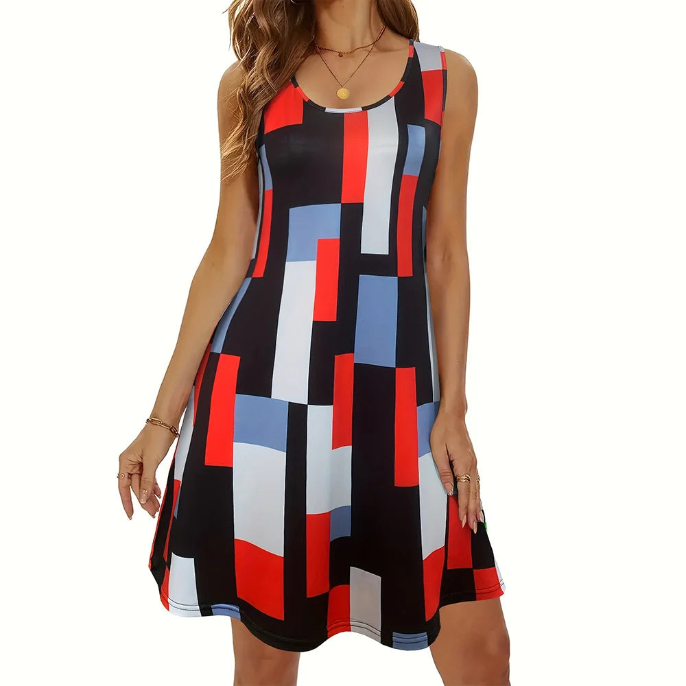 Vestido de verano para mujer con estampado de cuadros: sin mangas, largo hasta la rodilla, con bolsillos, elegante e informal.