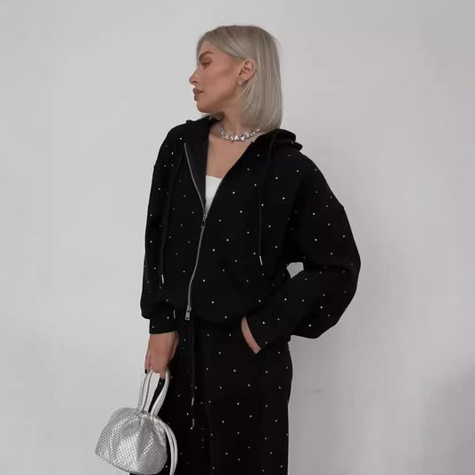 Schwarzer Damen Sportanzug 2-teilig – Kapuzenpullover & Hose mit Reißverschluss, Lässiger Trainingsanzug für Herbst & Winter