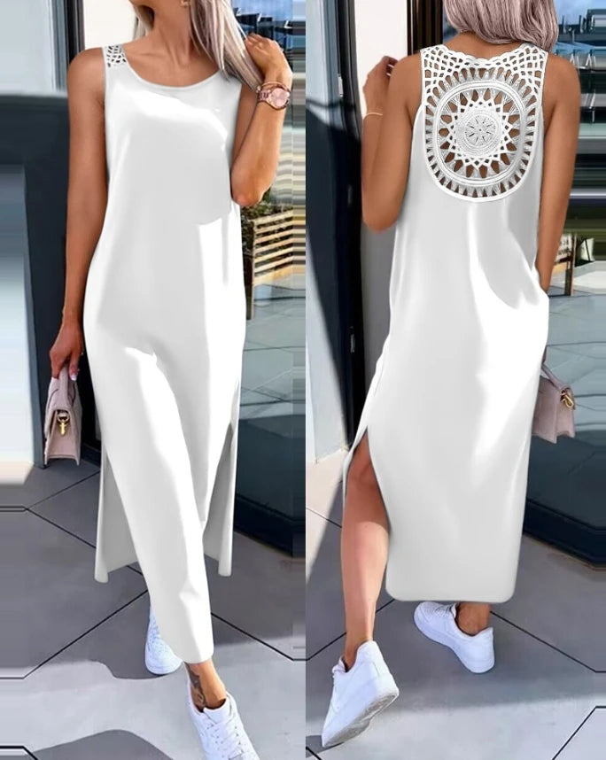 Vestido de verano 2025 – Vestido midi sin mangas con aberturas y detalles recortados, cuello redondo, informal.
