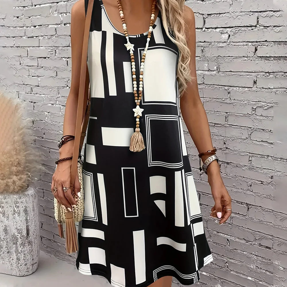 Vestido de verano para mujer con estampado de cuadros: sin mangas, largo hasta la rodilla, con bolsillos, elegante e informal.