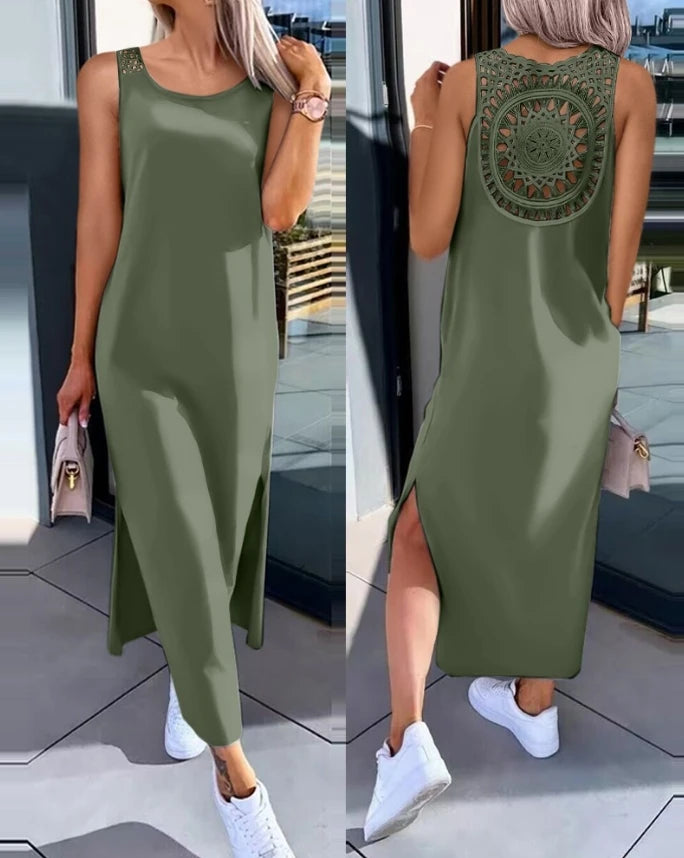Vestido de verano 2025 – Vestido midi sin mangas con aberturas y detalles recortados, cuello redondo, informal.