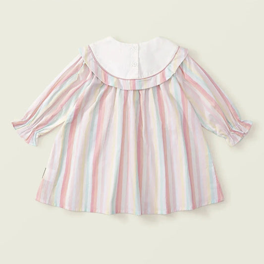 Colorful striped girl's dress "Sailing Magic" with playful details