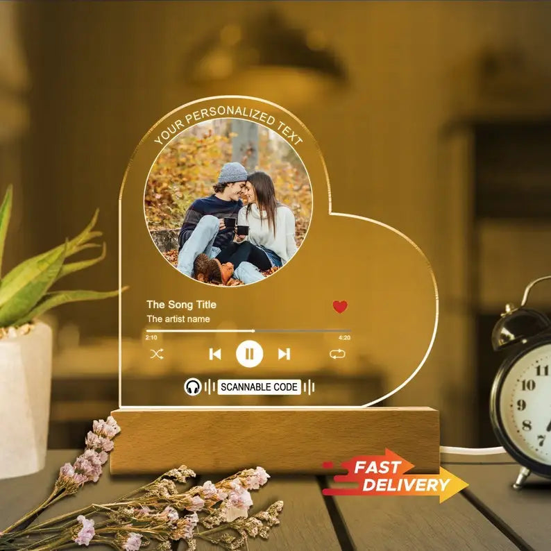 Placa musical acrílica personalizada con LED (foto y código de Spotify). Ideal para regalar en el Día de la Madre, en pareja y en aniversarios.