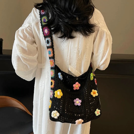 Baumwoll Häkel-Tasche mit Blumen