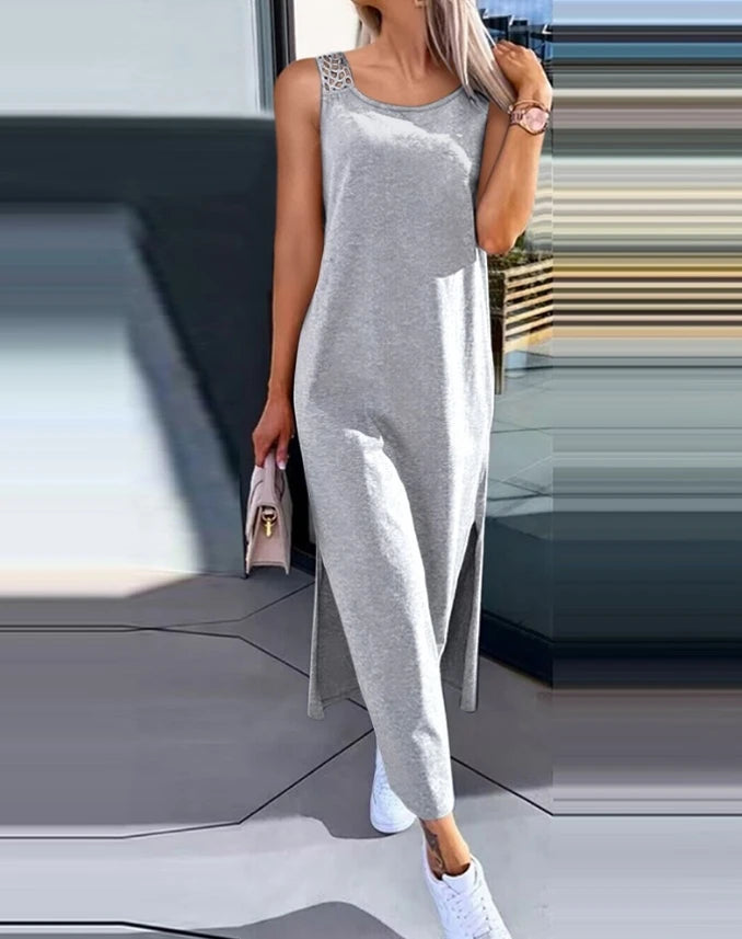 Vestido de verano 2025 – Vestido midi sin mangas con aberturas y detalles recortados, cuello redondo, informal.