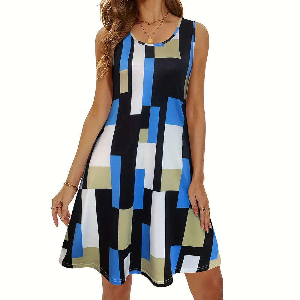 Vestido de verano para mujer con estampado de cuadros: sin mangas, largo hasta la rodilla, con bolsillos, elegante e informal.