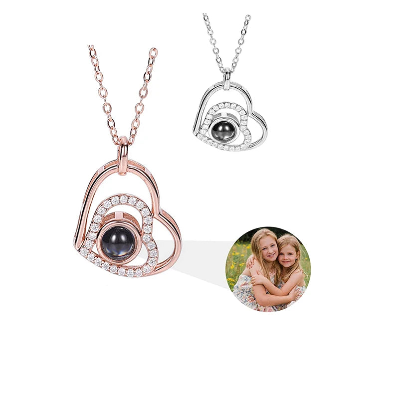 Personalized Photo Projection Necklace – Heart Pendant with “I Love You” in 100 Languages