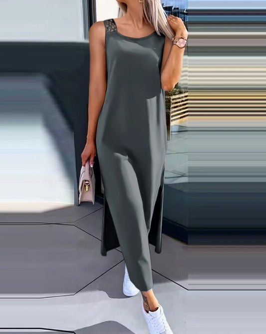 Sommerkleid 2025 – Ärmellos, Midikleid mit Schlitz und Cut-Out-Details, Rundhals, Casual