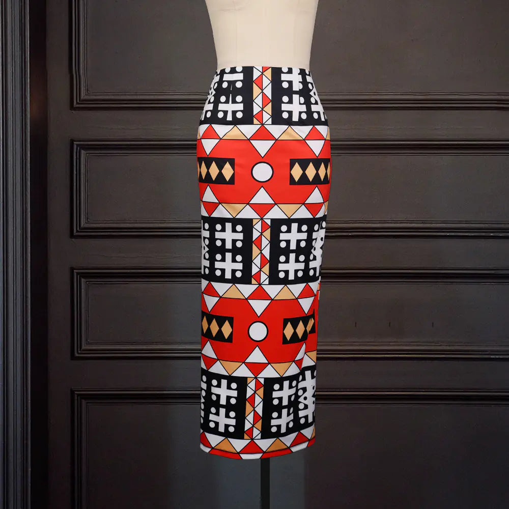 Falda ajustada con estampado geométrico y cintura alta de talla grande