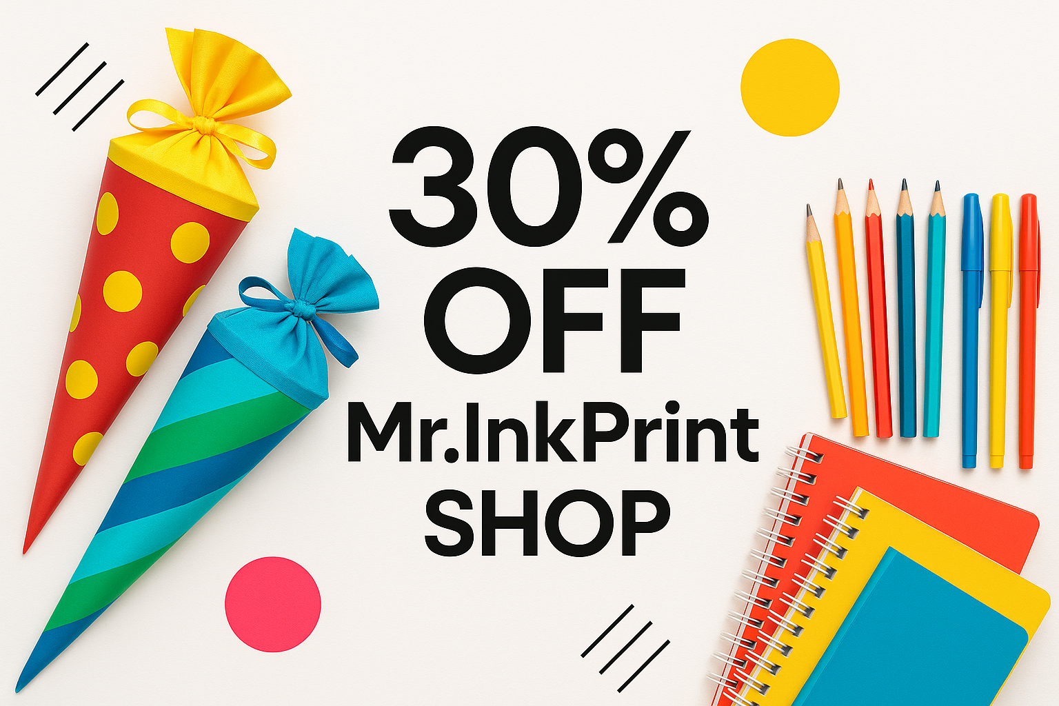 mach mir ein banner mit schul tüten und stiftne und block mach das modern und füe mein shop mach 30 off