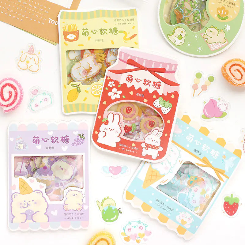 Niedlicher Cartoon Tier & Frucht PVC Sticker Pack (45 Stück) – Transparent, DIY & Journaling