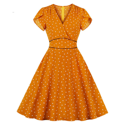 Plus Size Elegantes Französisches Vintage Orangenfarbenes Pünktchenkleid