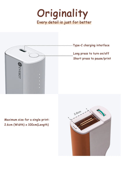 EVEBOT PrintPen – Tragbarer Handdrucker mit hautfreundlicher Tinte, 26 mm Druckbreite, WLAN & USB-C