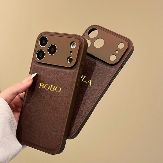 Personalisierte Luxus-Kunstlederhülle für iPhone 17, 16, 15, 14, 13 Pro Max Plus Air – Name mit Gold-Heißfolienprägung, elegante Handyhülle