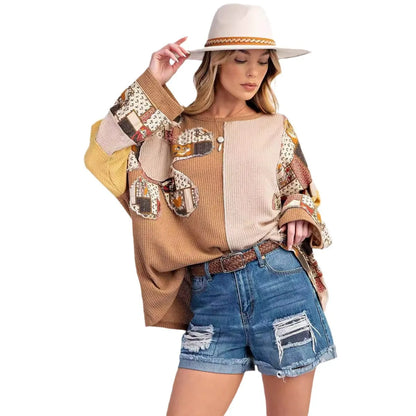 Sudadera con capucha para mujer con patchwork de punto gofre: ropa urbana holgada y moda de oficina 2025