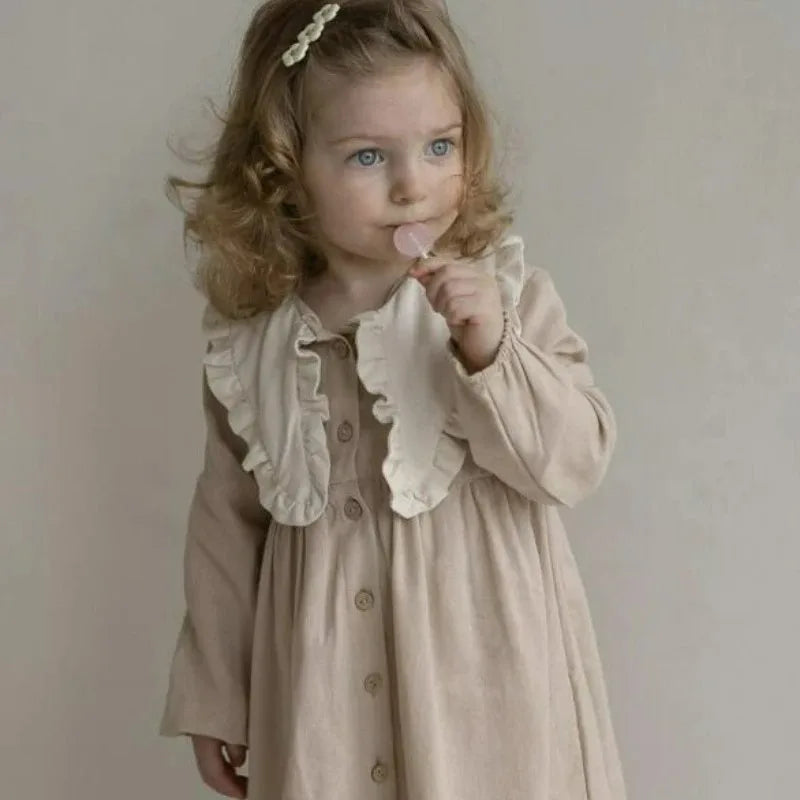 Vestido retro de lino con cuello con volantes