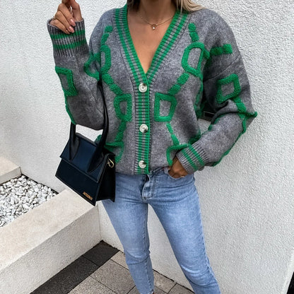 Herbst- & Winter Jacquard Strickmantel für Damen – V-Ausschnitt Cardigan mit Knopfleiste, langärmelig, Streetwear Strickjacke