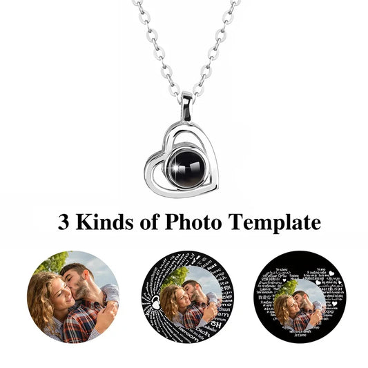 Personalized Photo Projection Necklace – Heart Pendant with “I Love You” in 100 Languages 