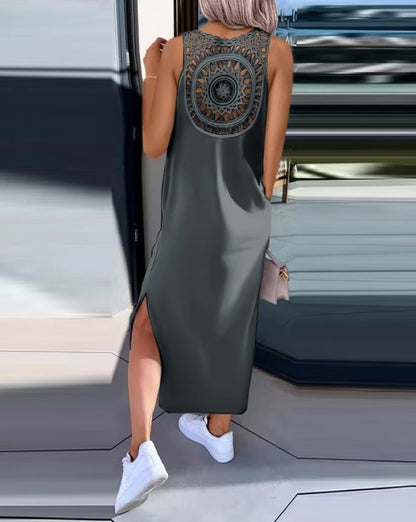 Vestido de verano 2025 – Vestido midi sin mangas con aberturas y detalles recortados, cuello redondo, informal. 