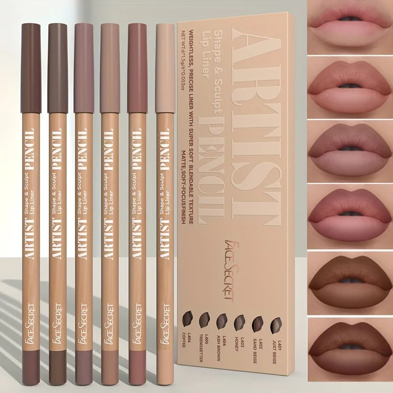 6-teiliges samtmattes Lipliner-Set – Langanhaltende, nicht austrocknende Lippenkonturenstifte für alle Hauttypen