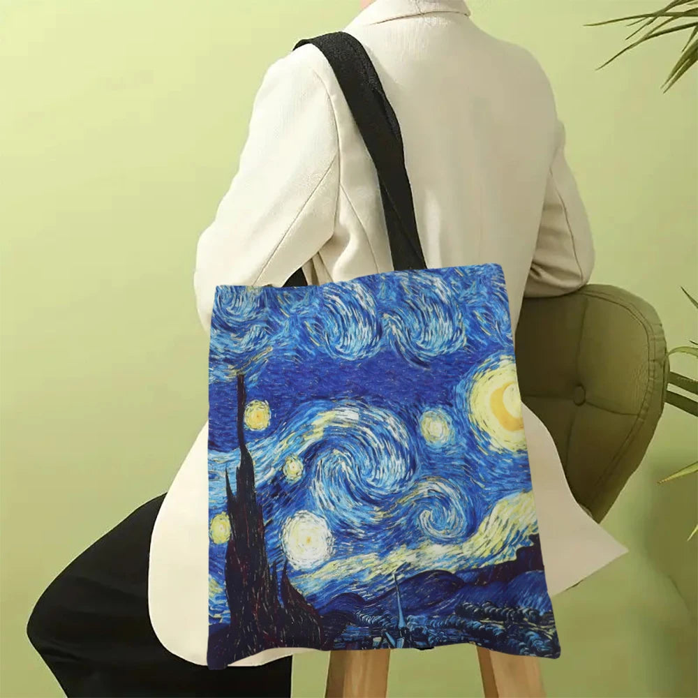 Van Gogh Leinentasche – Starry Night & Sunflower Print | Wiederverwendbare Shopping Bag