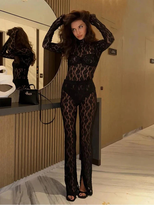 Damen Sexy Spitzen-Anzug – Semi-transparenter Bodysuit mit Tüll & High-Waist Schlaghose