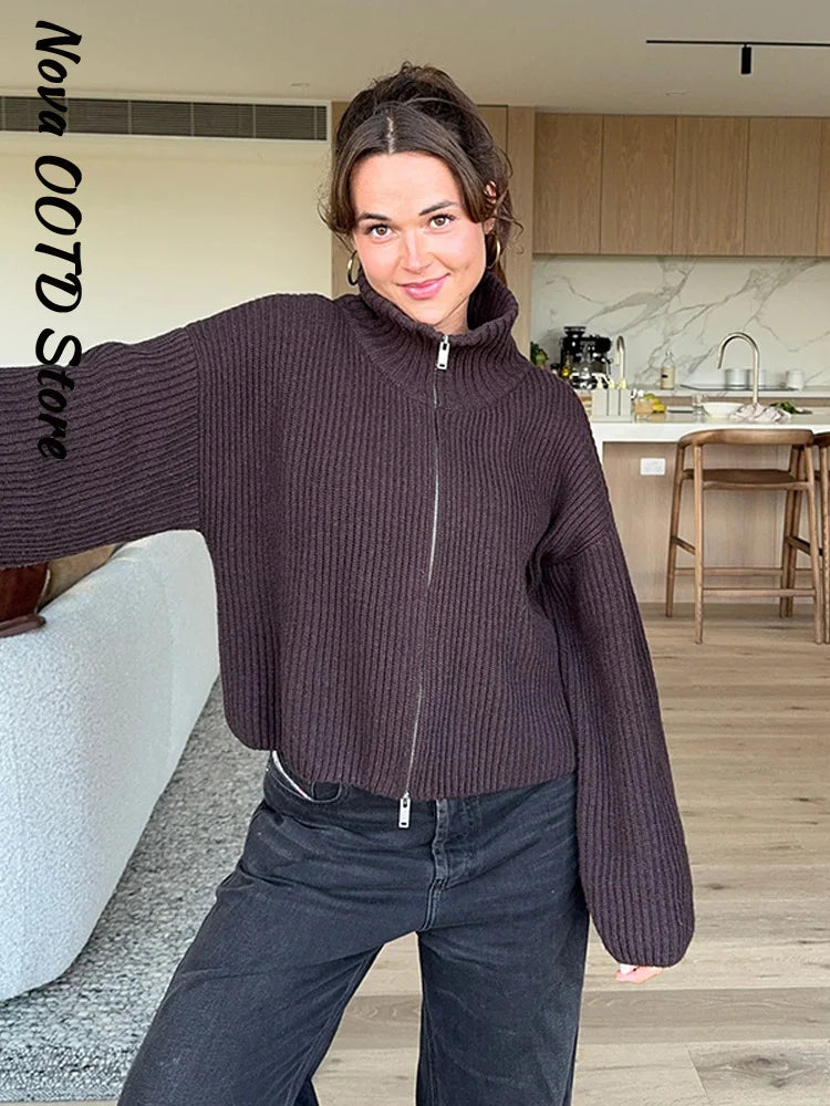 Mode Stricken Gestreiften Strickjacke Frauen Lose Stehkragen Zipper Volle Hülse Pullover 2026 Frühling Herbst Dame Lässige Strickwaren Neue