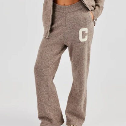 Damen Strickanzug 2-teilig Herbst/Winter – Kapuzen-Strickjacke mit Reißverschluss & Gerade Hose, Lässiges Knit Set