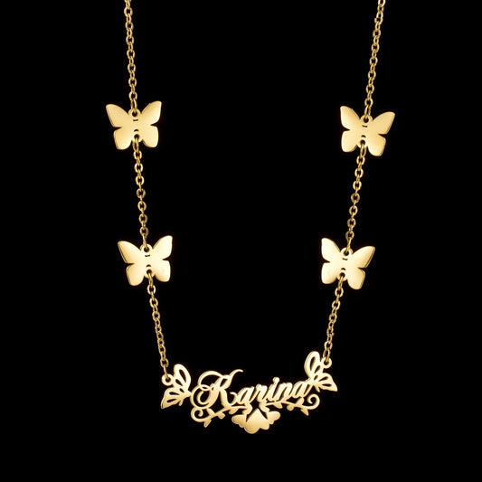 Collar personalizado con nombre y mariposa de Acheerup: acero inoxidable, grabado individualmente 