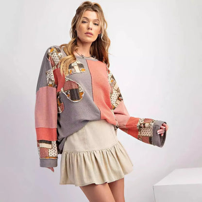 Sudadera con capucha para mujer con patchwork de punto gofre: ropa urbana holgada y moda de oficina 2025