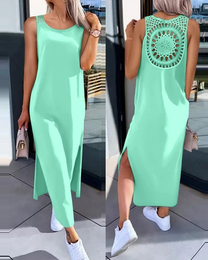 Vestido de verano 2025 – Vestido midi sin mangas con aberturas y detalles recortados, cuello redondo, informal. 