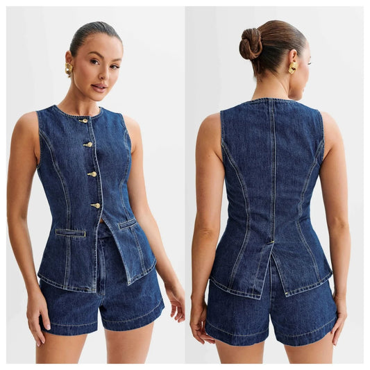 Damen Ensemble – Elegantes Ärmelloses Kurz Set im Denim Look