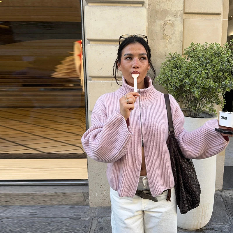 Mode Stricken Gestreiften Strickjacke Frauen Lose Stehkragen Zipper Volle Hülse Pullover 2026 Frühling Herbst Dame Lässige Strickwaren Neue