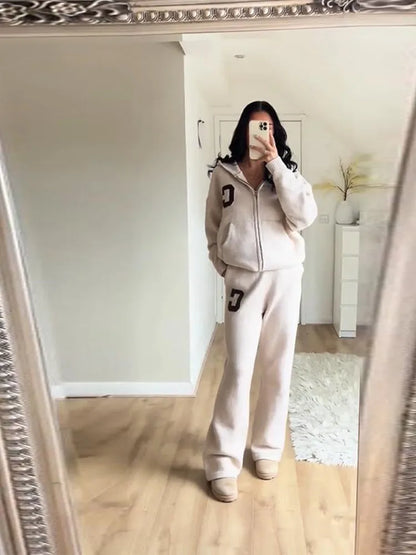 Damen Strickanzug 2-teilig Herbst/Winter – Kapuzen-Strickjacke mit Reißverschluss & Gerade Hose, Lässiges Knit Set