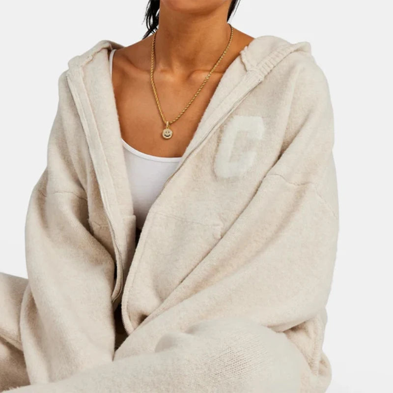 Damen Strickanzug 2-teilig Herbst/Winter – Kapuzen-Strickjacke mit Reißverschluss & Gerade Hose, Lässiges Knit Set