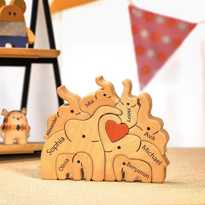 Personalisiertes Elefanten-Holzpuzzle – Familiennamen Dekofigur | Geschenk für Eltern & Weihnachten