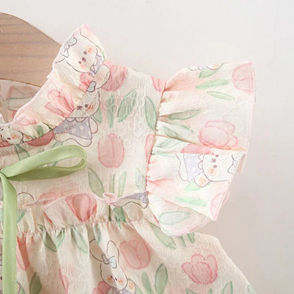 Encantador vestido de verano con tulipanes y motivo de conejito.