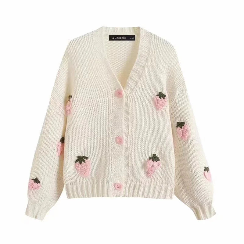 Handgemachte Damen Strickjacke mit Blumenmuster – Kurzer Vintage Cardigan aus dickem Garn, gemütlicher Herbst-Winter Pullover im Casual-Style